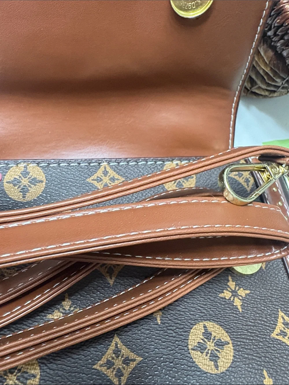 Brown Monogram-Style Top Handle Satchel with Gold Clasp