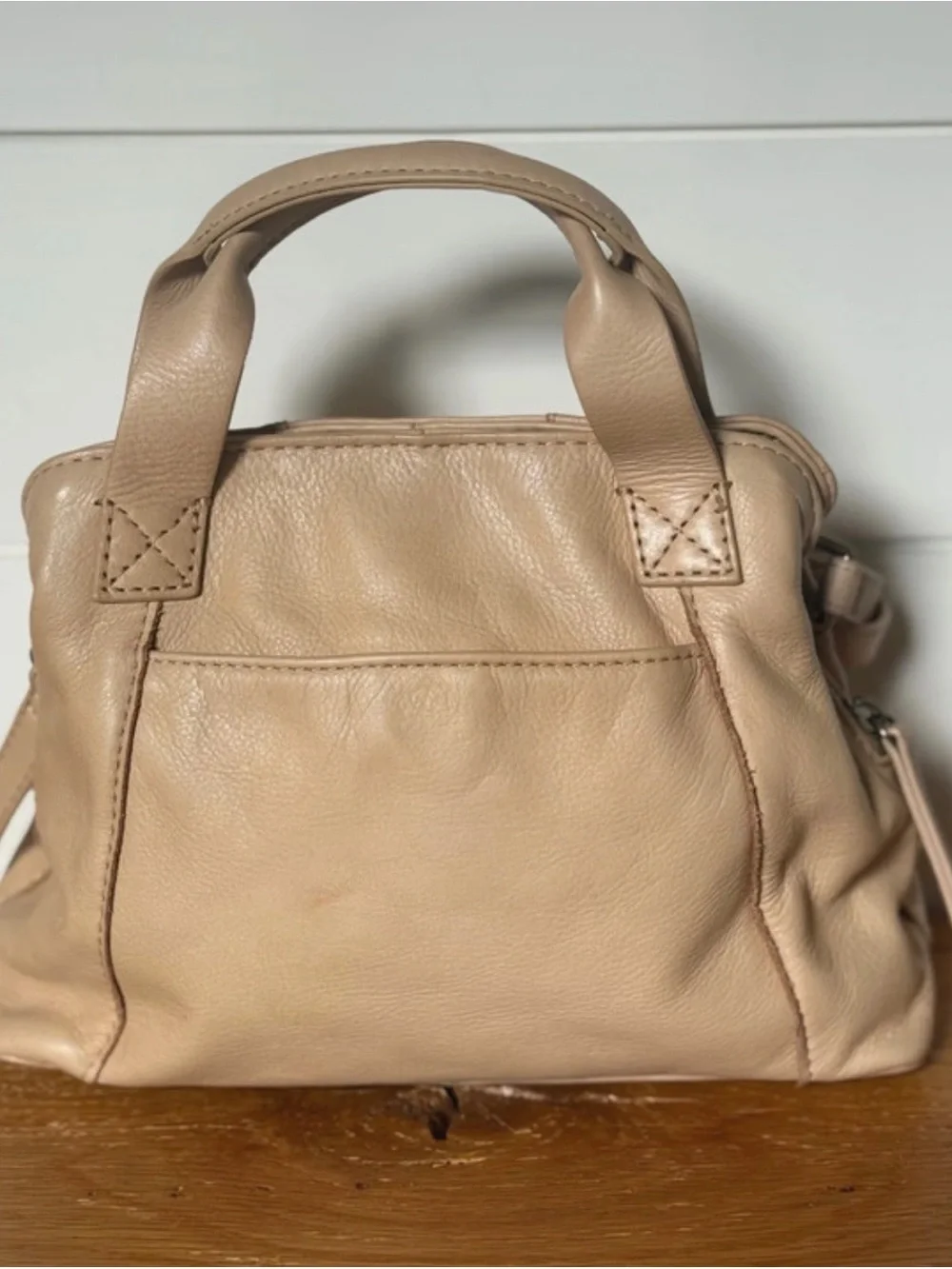 Beige Leather Top-Handle Bag