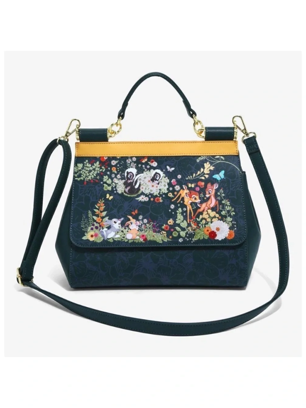 RARE Loungefly Dark Teal BAMBI Forest Top-Handle Satchel with GOLF Trim