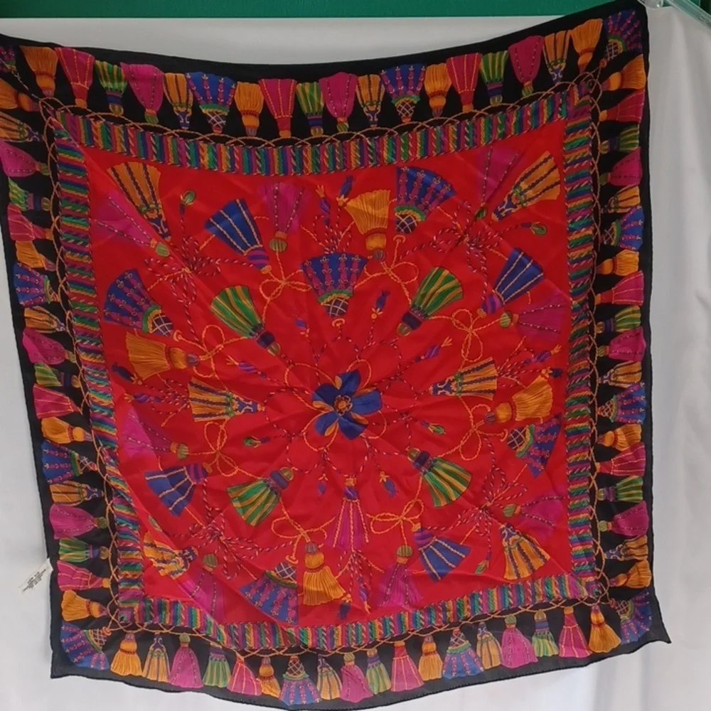Vintage Jacqueline Ferrar Tassel pattern 100% Silk Scarf, 31