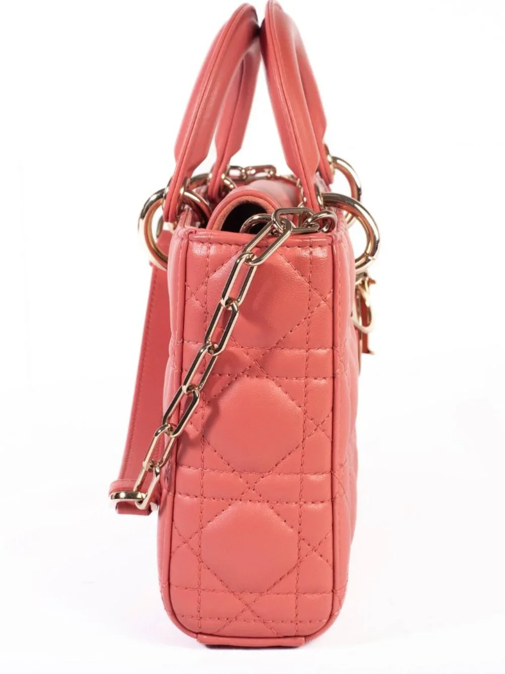 Authentic Christian Dior Coral Small Lady D-Joy Lambskin Cannage Handbag