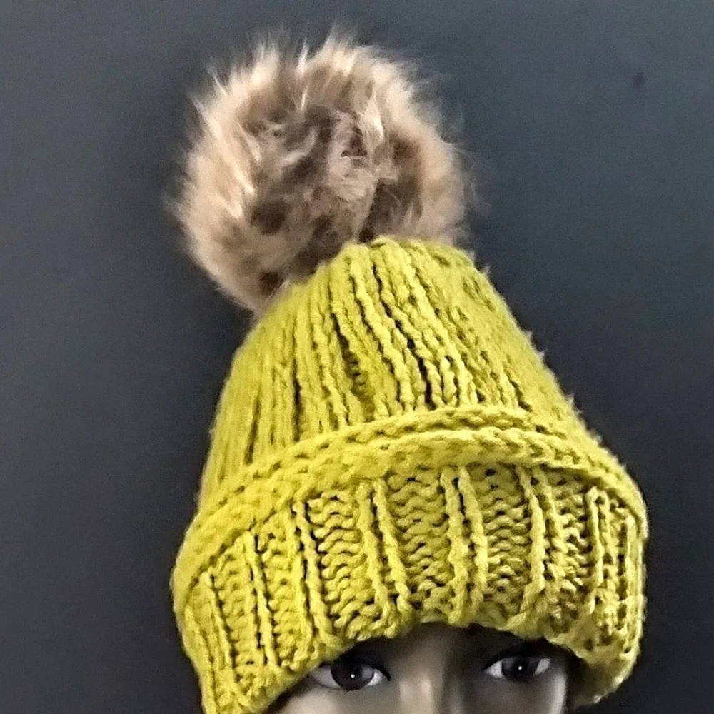 Versatile, Authentic Hand Knitted Beanies Accented With Faux Fur PomPom.