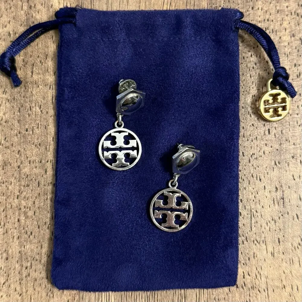 Tory Burch Hexagonal Logo Circle Drop Earrings Silver Tone Jewelry 1.5