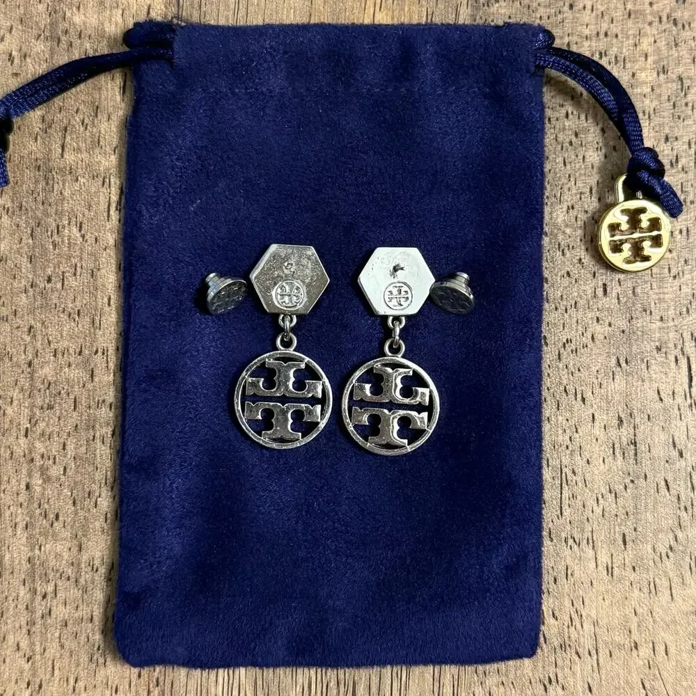 Tory Burch Hexagonal Logo Circle Drop Earrings Silver Tone Jewelry 1.5