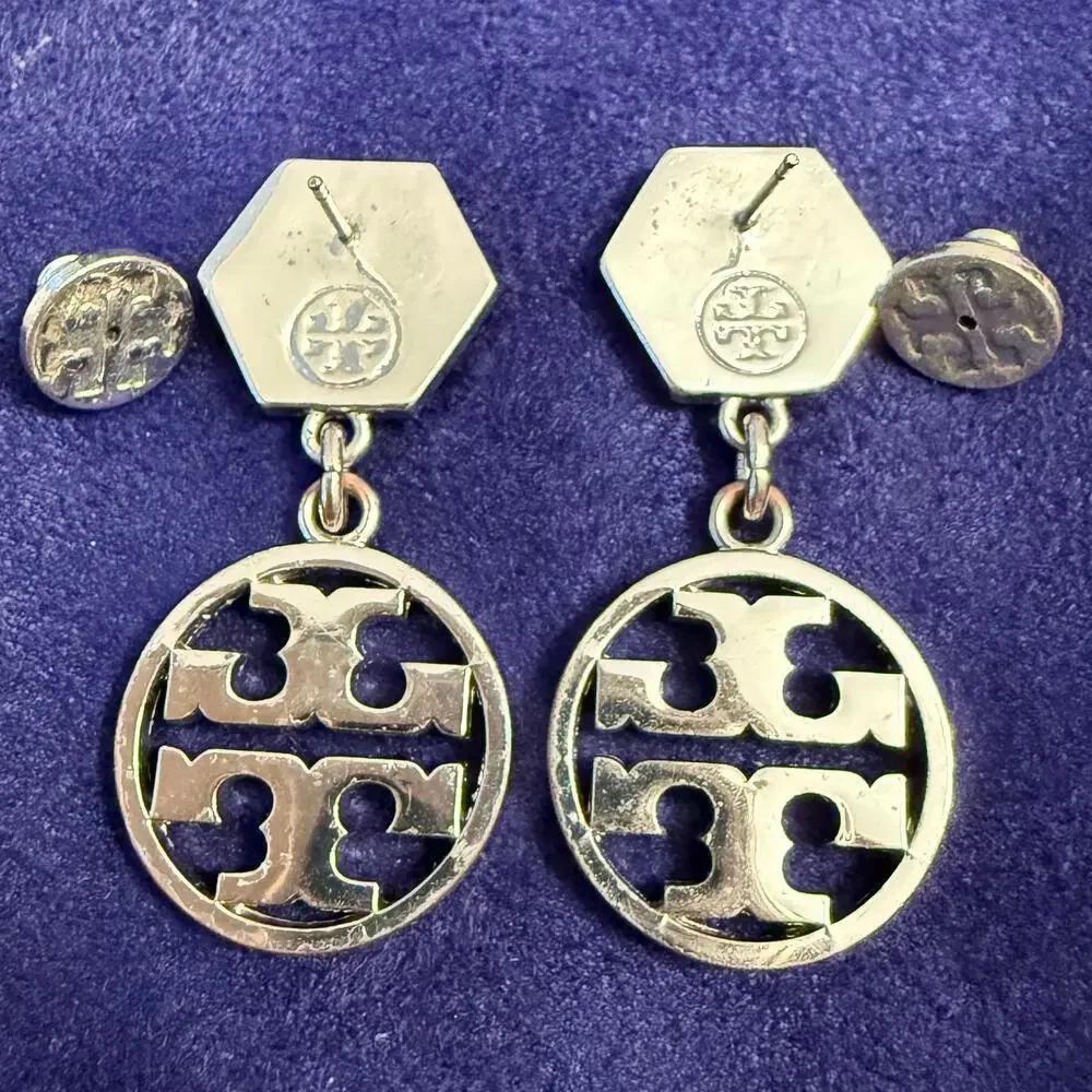 Tory Burch Hexagonal Logo Circle Drop Earrings Silver Tone Jewelry 1.5