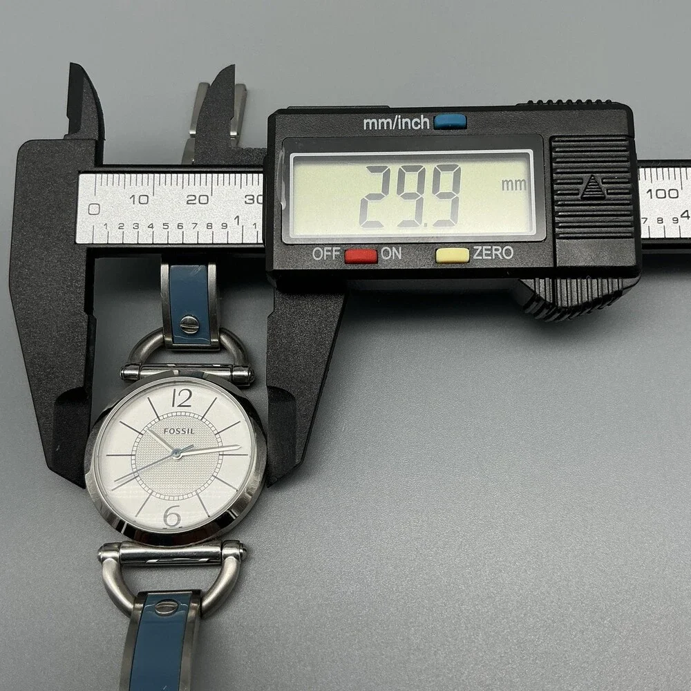 Fossil ES-2471 Womens Watch 30mm Silver Tone Blue Inlay Bangle New Battery 6.5