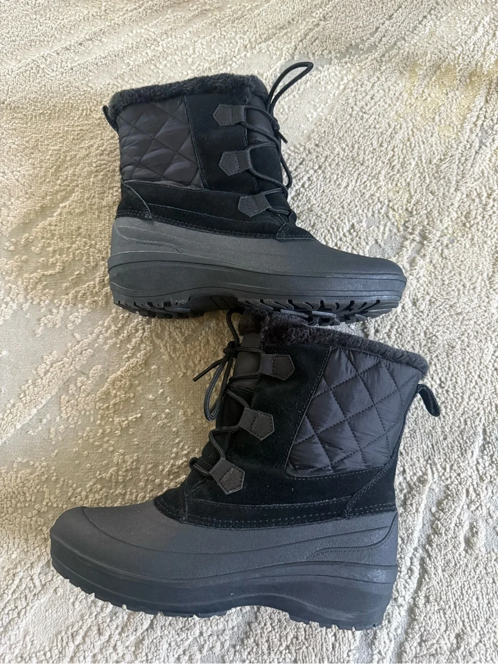Lands' End black winter boots Quilted Suede rubber lace up pull on fur 10.5