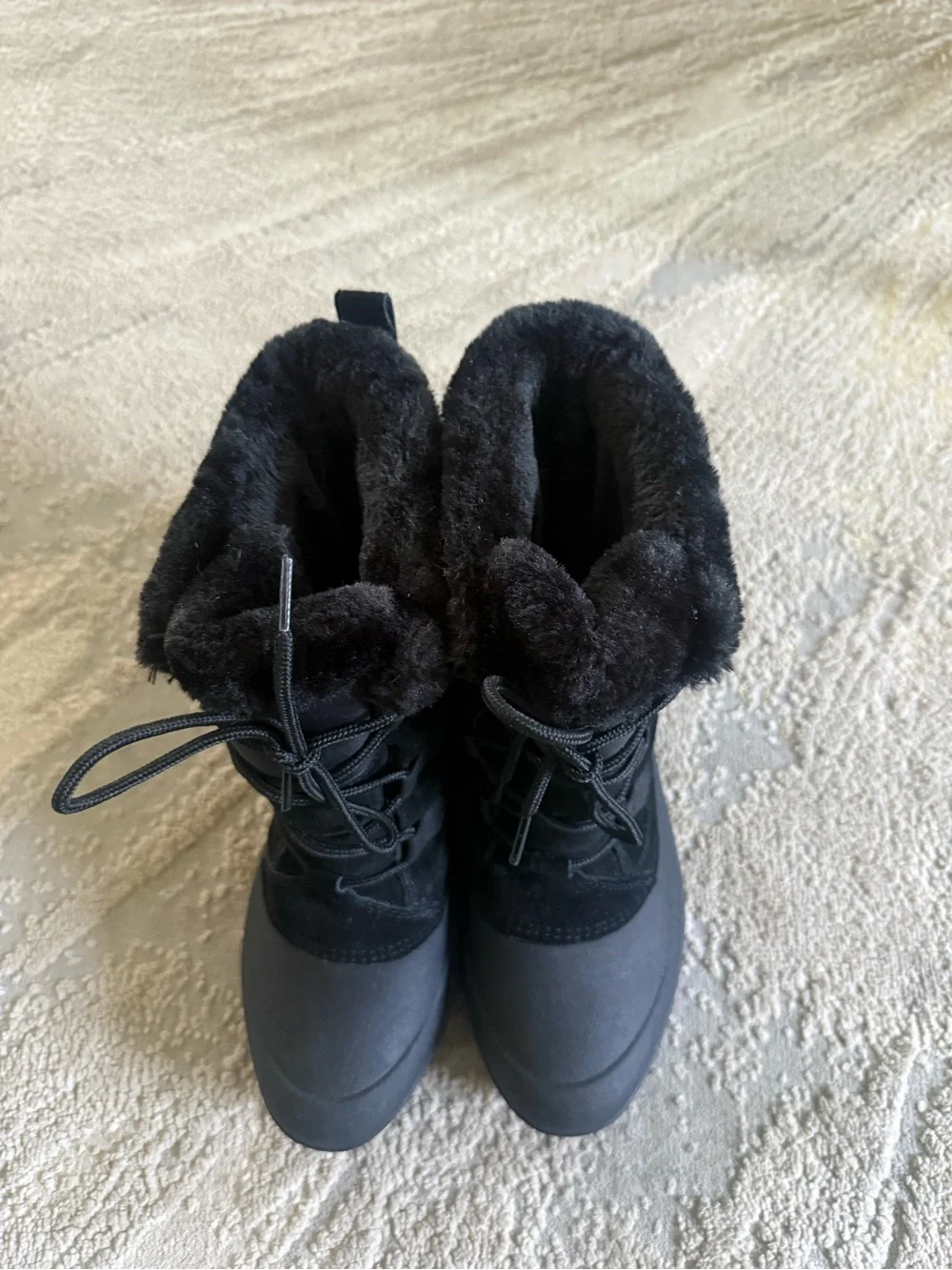 Lands' End black winter boots Quilted Suede rubber lace up pull on fur 10.5