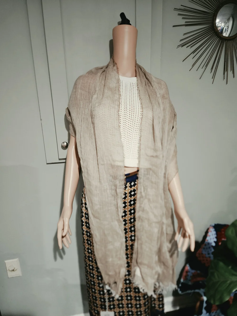NWT Sandro Ferrone Made in Italy Linen Cotton Fringe Scarf Shawl Taupe Beige