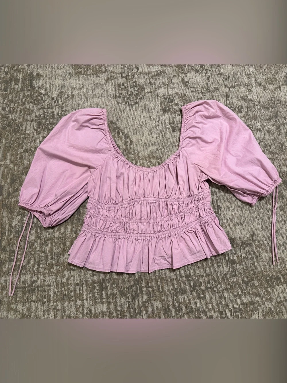 STAUD Pink Puff-Sleeve Smocked Peplum Blouse