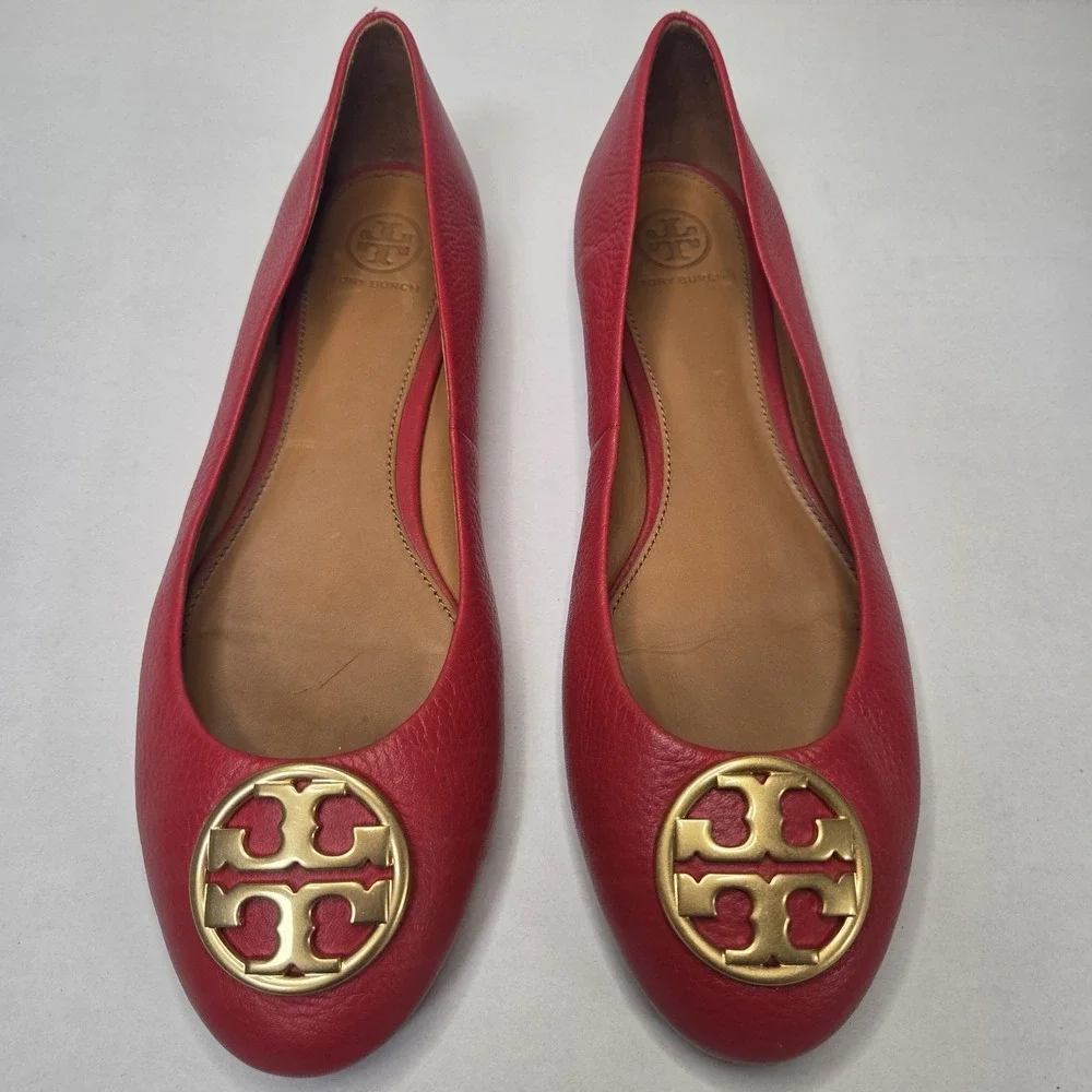 Tory Burch Reva Red Pebbled Leather Ballet Flats Gold Logo Medallion Women's US