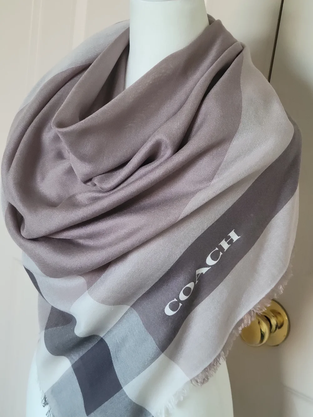Coach Gray & Taupe Plaid Silk-Blend Square Scarf