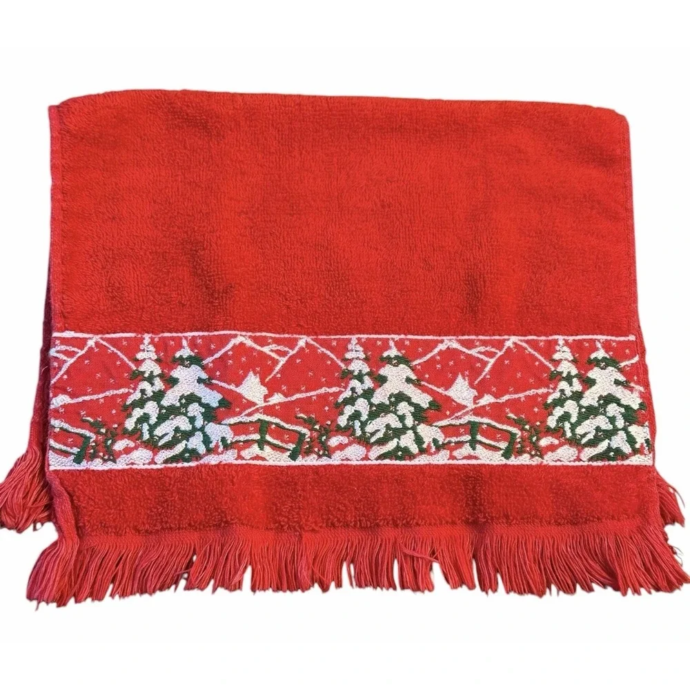 Vintage Red Christmas Hand Towel Snowy Winter Trees Fringe Guest Bathroom Decor