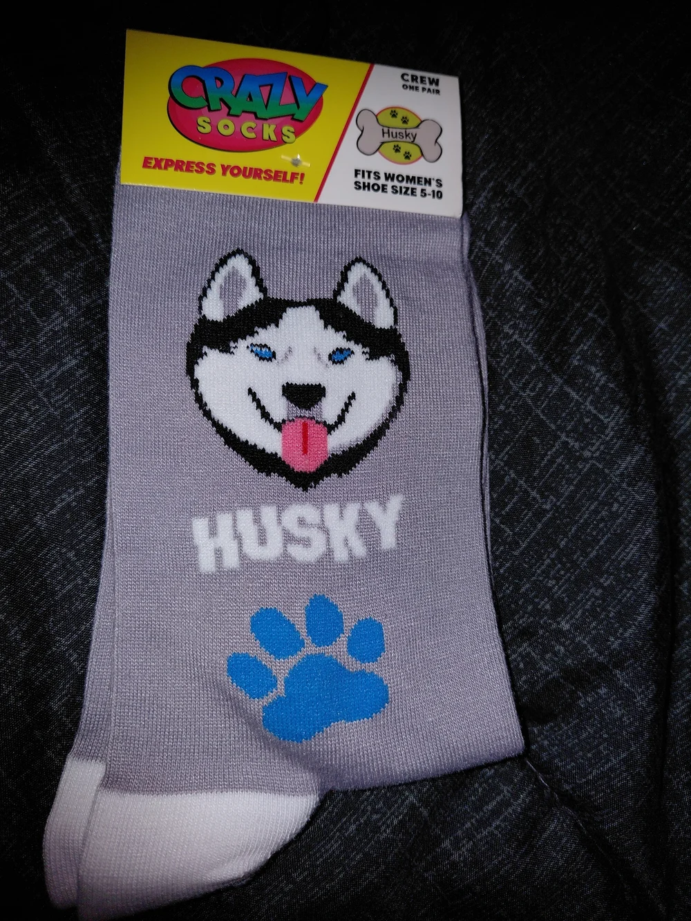 Husky Crew Socks - Light Gray with Blue Paw