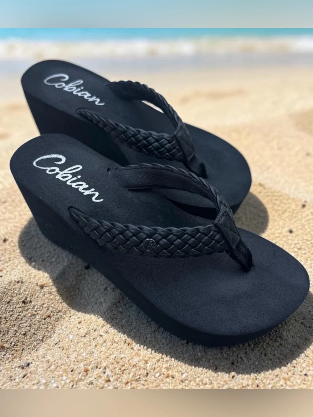 Cobian Zoe Black Cushioned Braided Wedge Flip Flops, 9