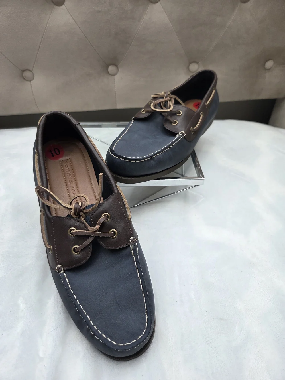 Tommy Hilfiger Men's Boat Shoes Navy Brown Leather Lace Up Loafers US 10 EU 43