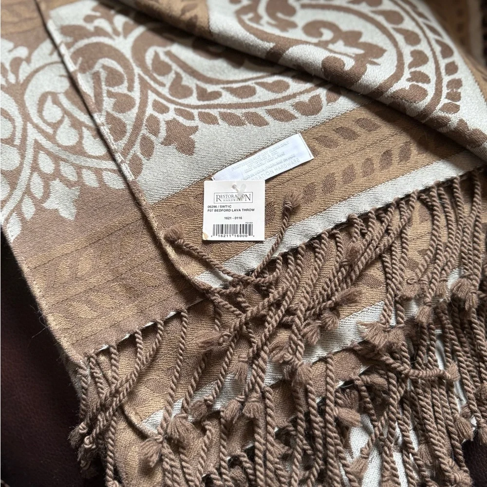 Restoration Hardware Bedford Lava Wool Blend Throw Blanket Damask Fringe RH