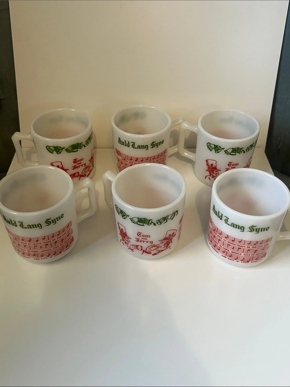 Tom and Jerry Vintage 1950s Hazel Atlas Milk Glass Holiday Punch Cups - 6 cups