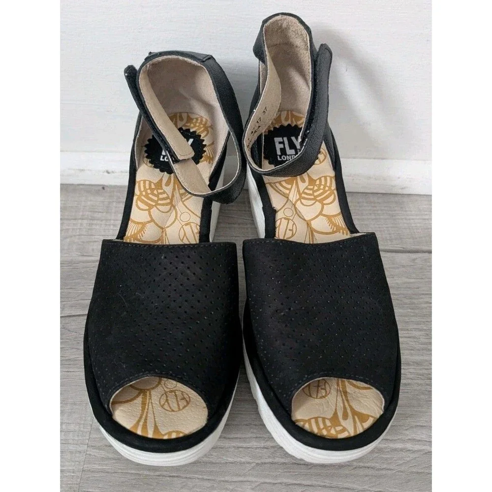 Fly London Yake Perforated Leather Wedge Sandals Black White Women's Sz 43 US 12