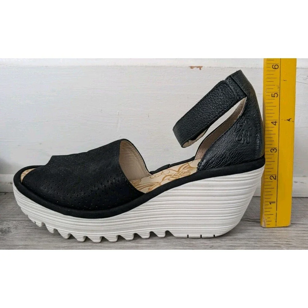 Fly London Yake Perforated Leather Wedge Sandals Black White Women's Sz 43 US 12
