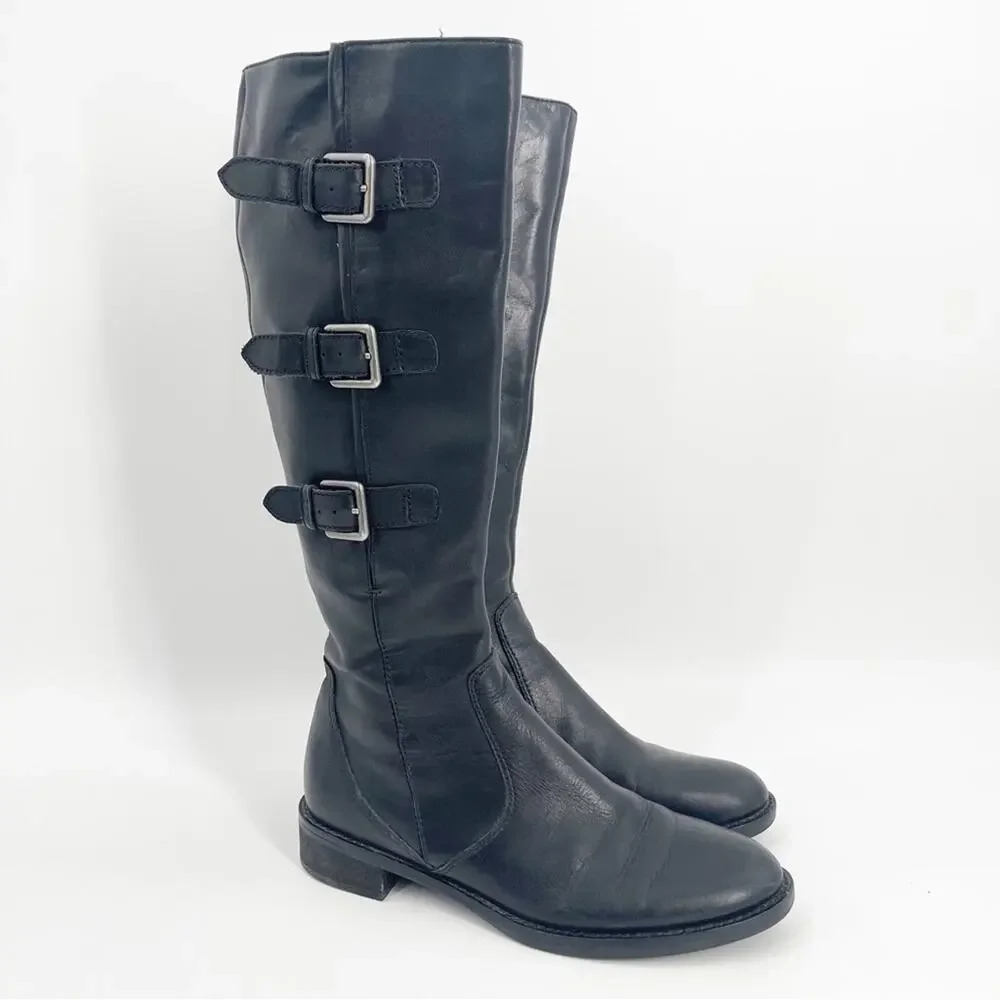 ECCO Boots Size 38 (7-7.5) Black Hobart 3 Buckle Riding Tall Womens Leather