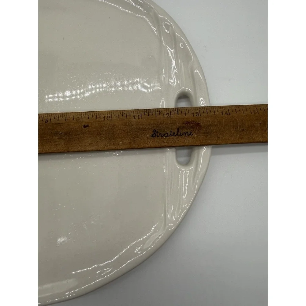 RAE DUNN Oval White Platter With Handles Eat.  13.5x11.5 Small Crack Left Handle