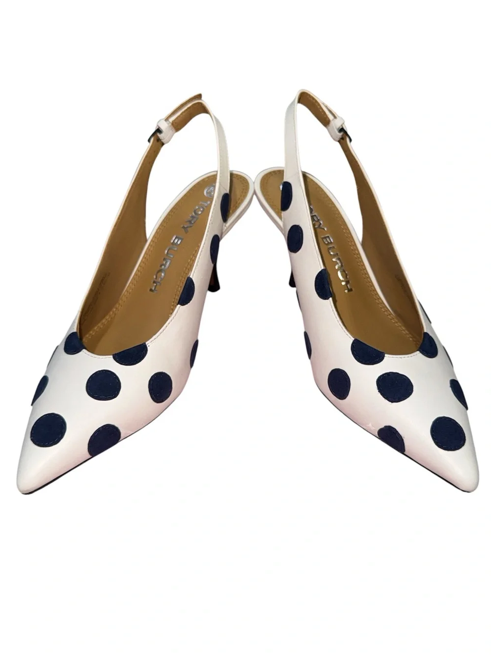 Tory Burch White Slingback Heels with Navy Polka Dots