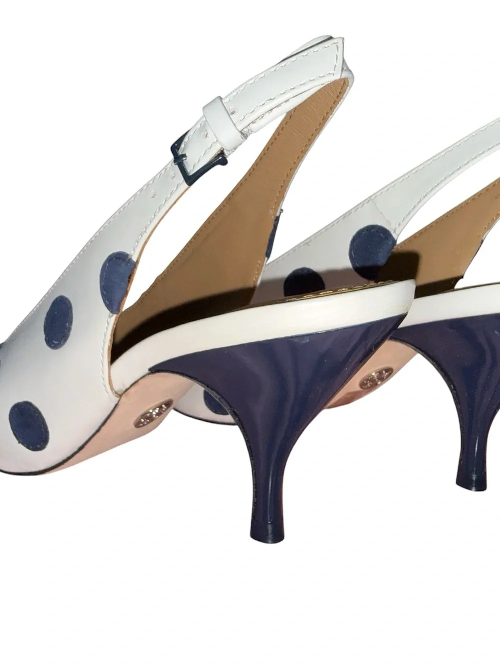 Tory Burch White Slingback Heels with Navy Polka Dots