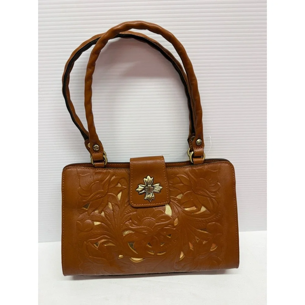 Patricia Nash Rosina‎ Tooled Metallic GOLD LEATHER  Satchel PURSE Tan NWT