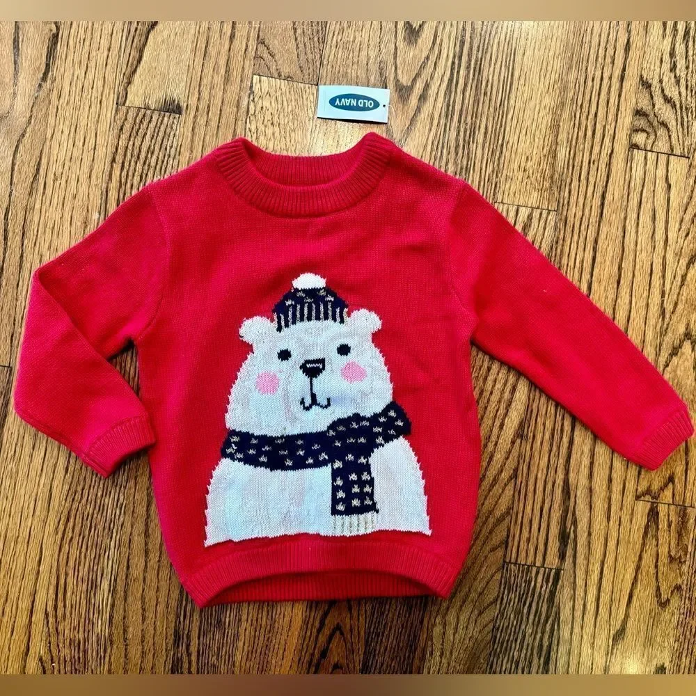 NWT New OLD NAVY Winter Polar Bear Knit Sweater Red Toddler 3T