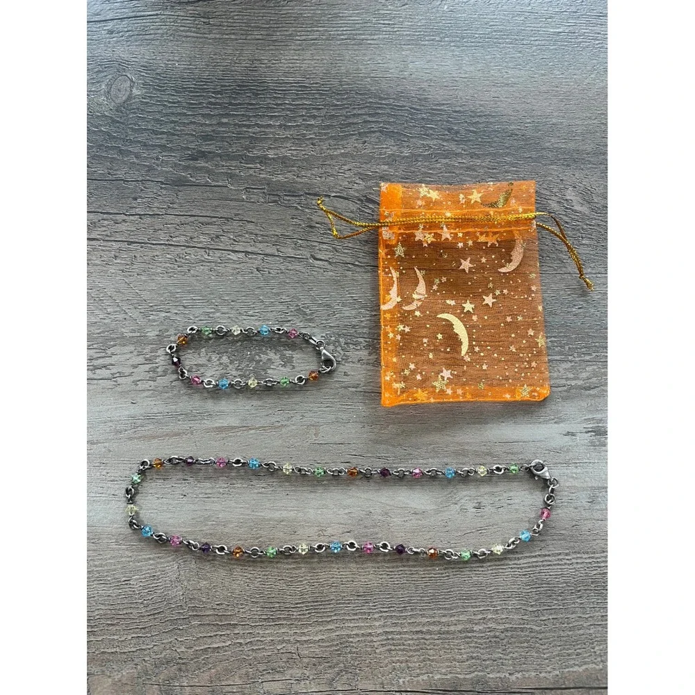 Kids Sterling Silver 925 Italy Rainbow Crystal Necklace and Bracelet Set Multi‎