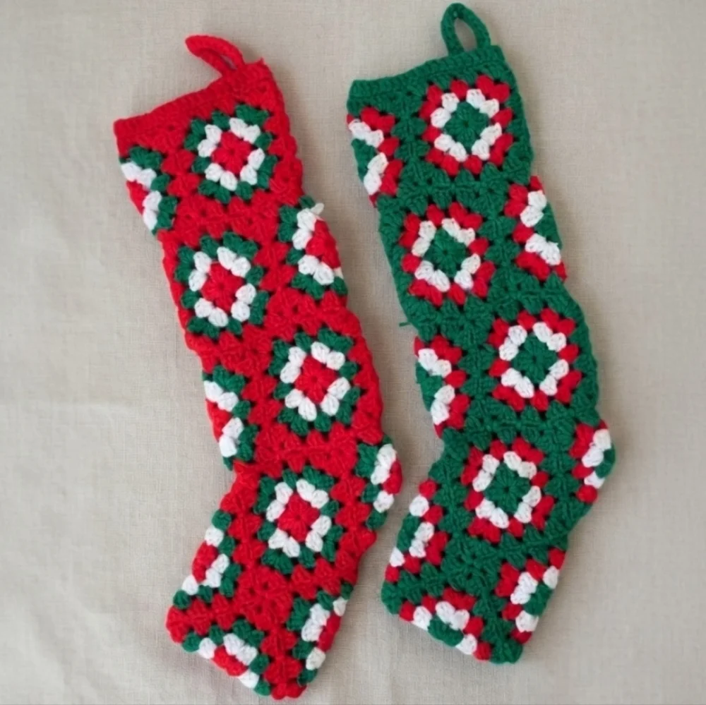 Handmade Vintage Crochet Granny Square Christmas Stockings Red Green Pair Retro