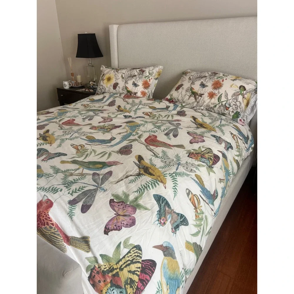 Pottery Barn Botanical Bird & Butterfly Duvet Cover Set White Multi 3 Piece