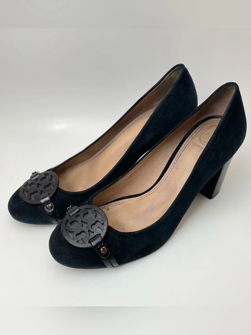 Tory Burch Mini Miller Black Suede Block-Heel Pumps with Medallion Accent