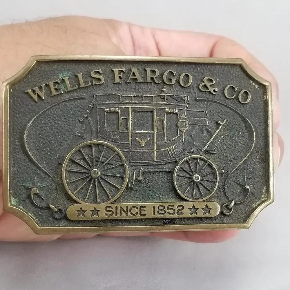 Vintage Belt Buckle 1970s Solid Brass Wells Fargo & Co Since 1852 Wagon USA Made