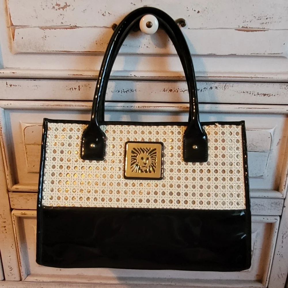 Vintage Anne Klein Lion Head‎ Black Patent and Rattan Satchel