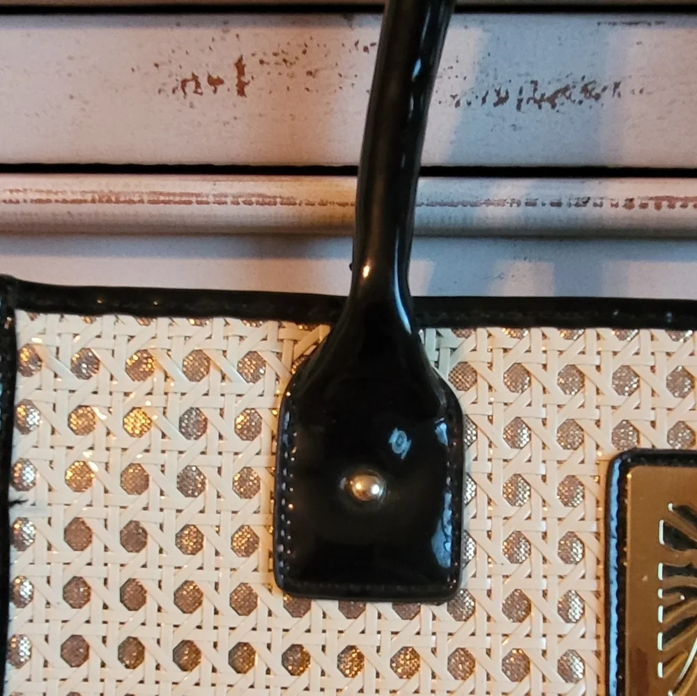 Vintage Anne Klein Lion Head‎ Black Patent and Rattan Satchel