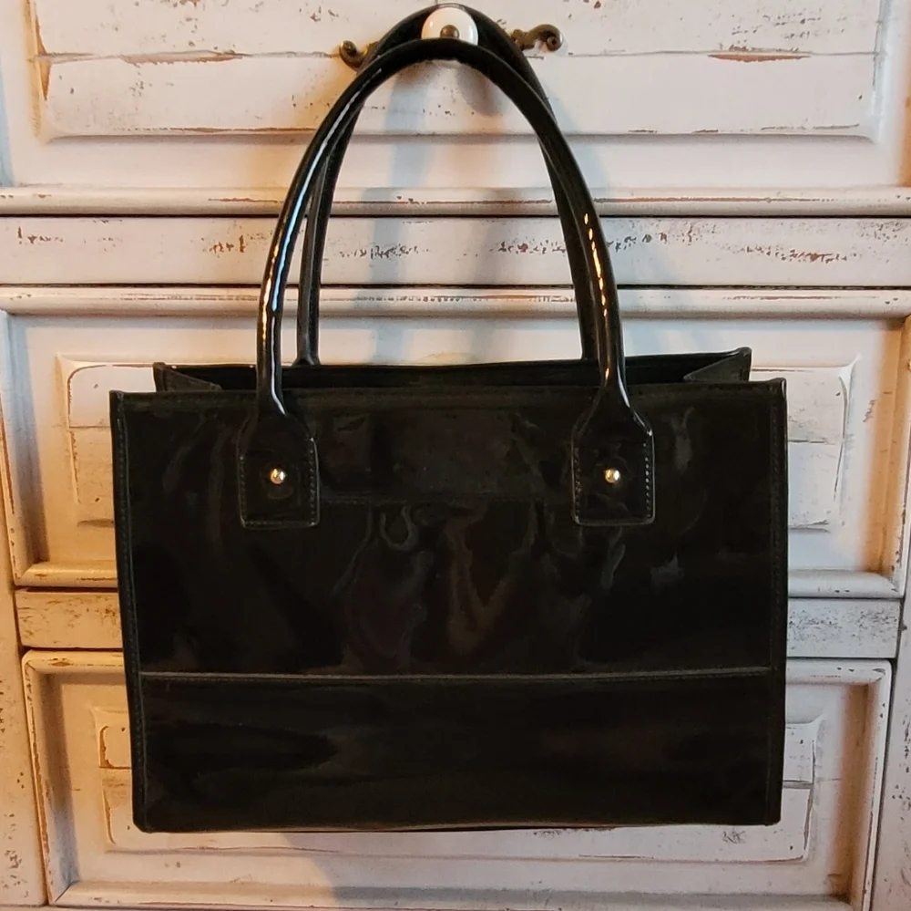 Vintage Anne Klein Lion Head‎ Black Patent and Rattan Satchel
