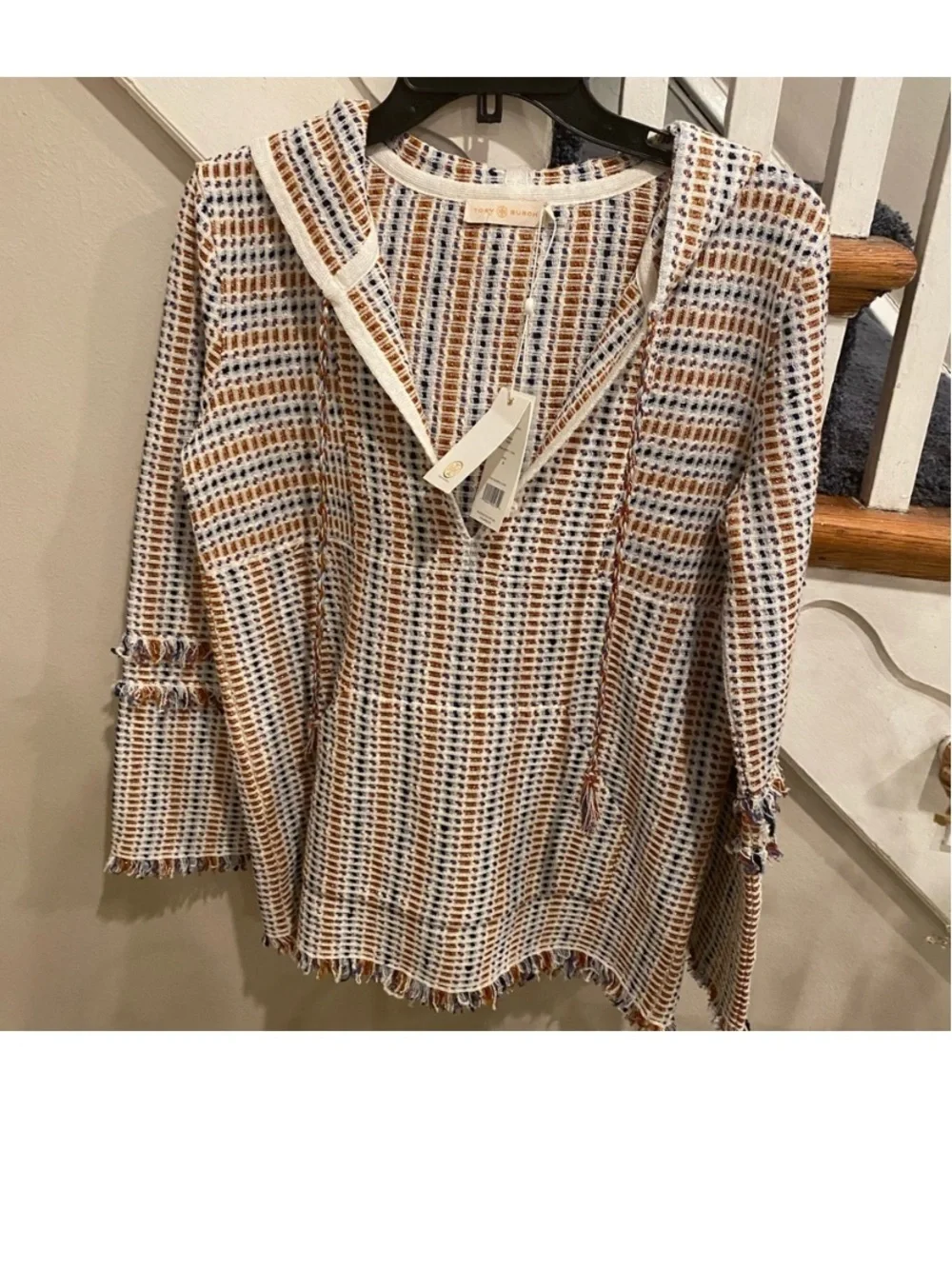 Tory Burch Woven Hooded Tunic in White, Tan & Blue SP