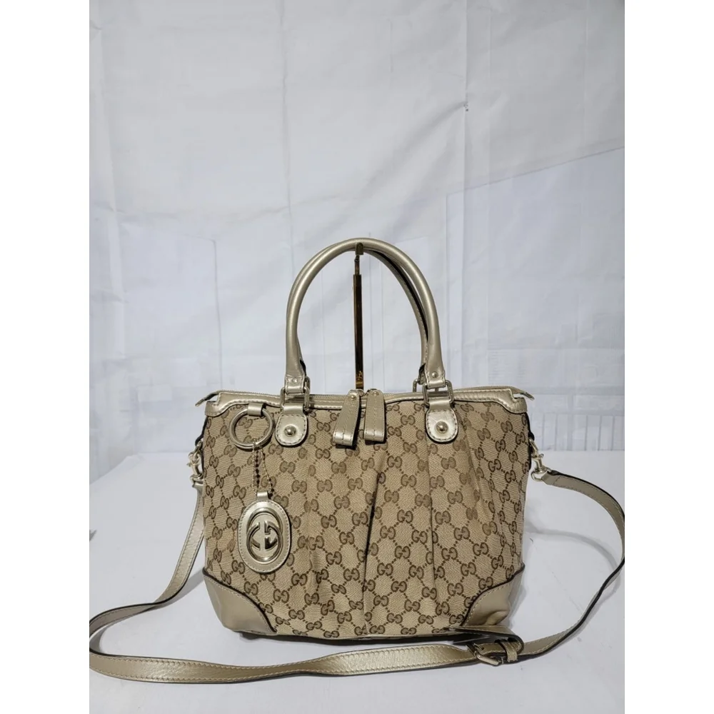 GUCCI Monogram Medium Sukey Satchel Bag Golden Beige