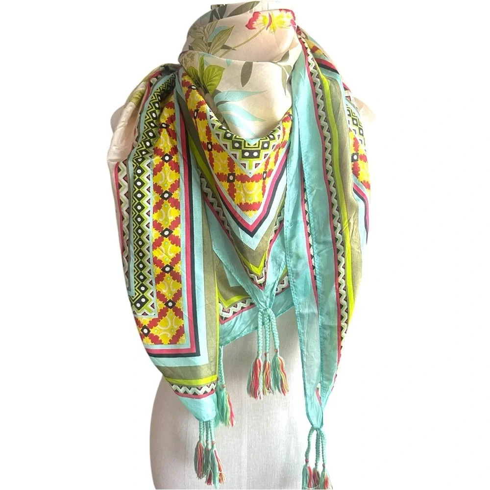 Johnny Was Aqua Multicolor Patterned Silk Scarf with Tassels