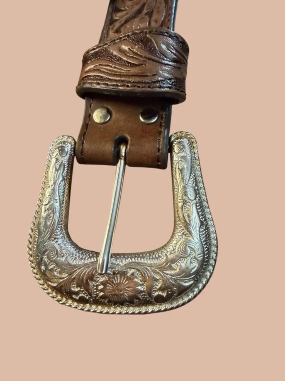 Nocona Vintage Brown Floral Hand-Tooled Western Leather Belt Size 46