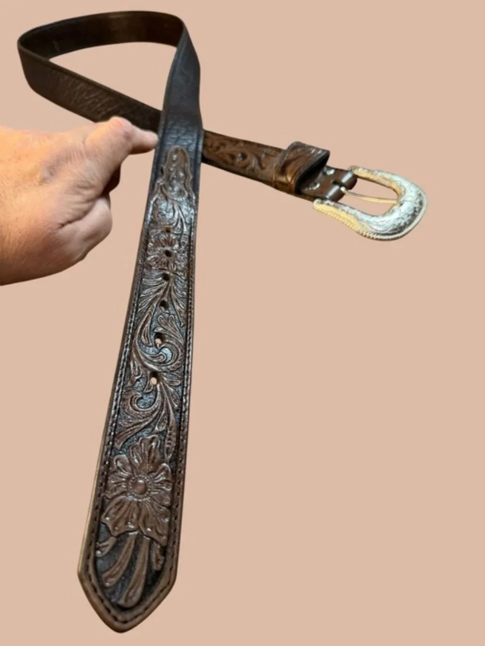 Nocona Vintage Brown Floral Hand-Tooled Western Leather Belt Size 46