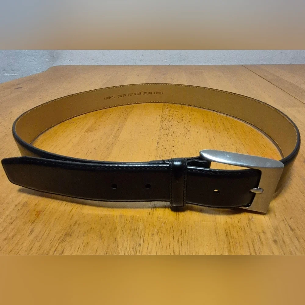 Black and Tan Leather Belt‎ with Silver Buckle