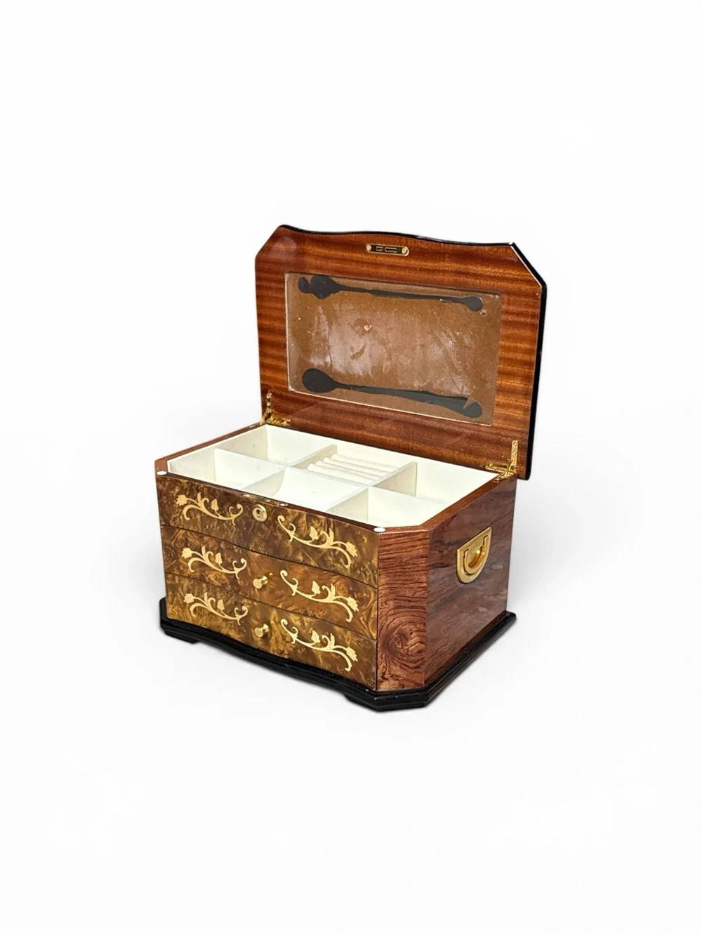 Vintage Italian Inlaid Burl Wood Glossy Jewelry Chest Box Inlayed Burl Wood Box