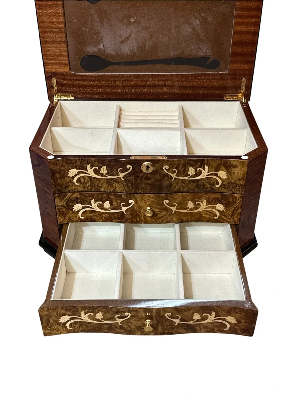 Vintage Italian Inlaid Burl Wood Glossy Jewelry Chest Box Inlayed Burl Wood Box