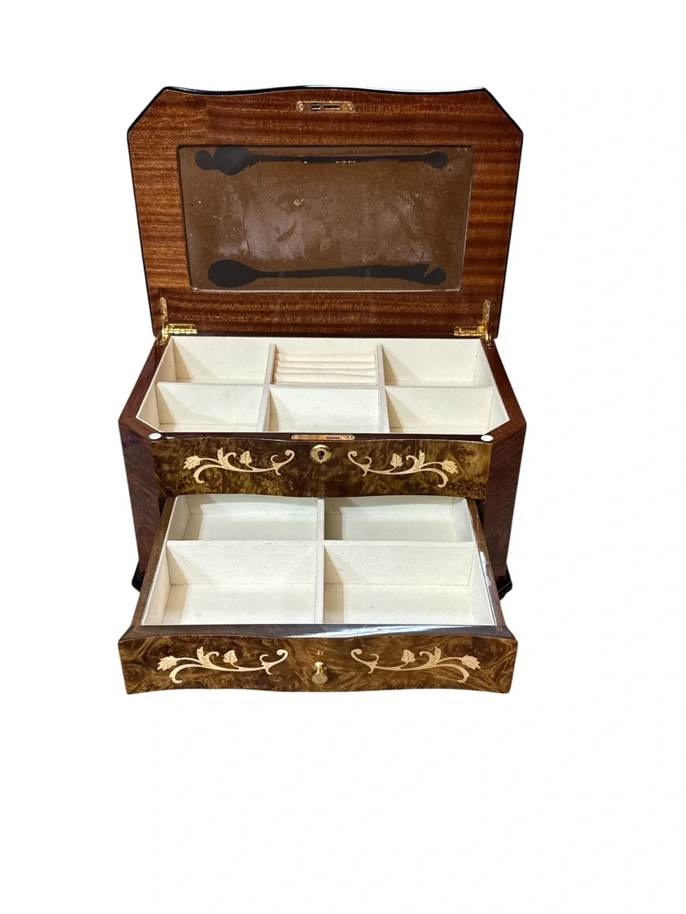 Vintage Italian Inlaid Burl Wood Glossy Jewelry Chest Box Inlayed Burl Wood Box