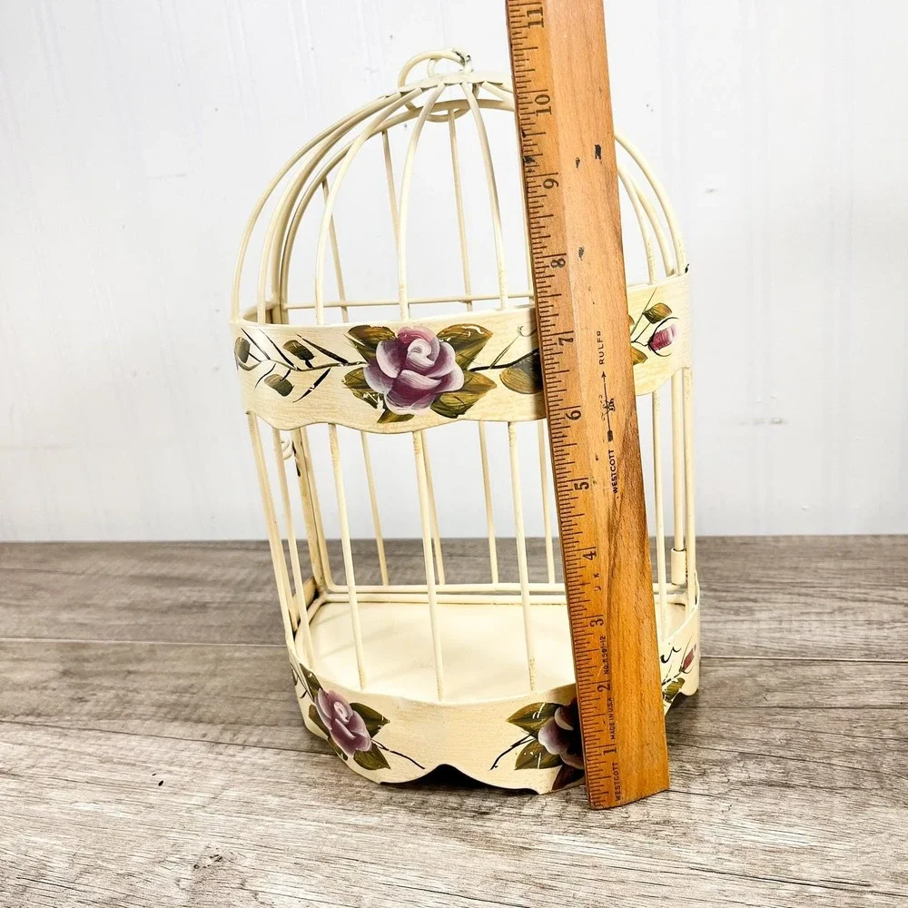 Vintage Hanging Birdcage with Purple Flowers, Cream Wall Decor