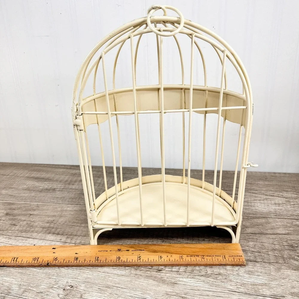 Vintage Hanging Birdcage with Purple Flowers, Cream Wall Decor