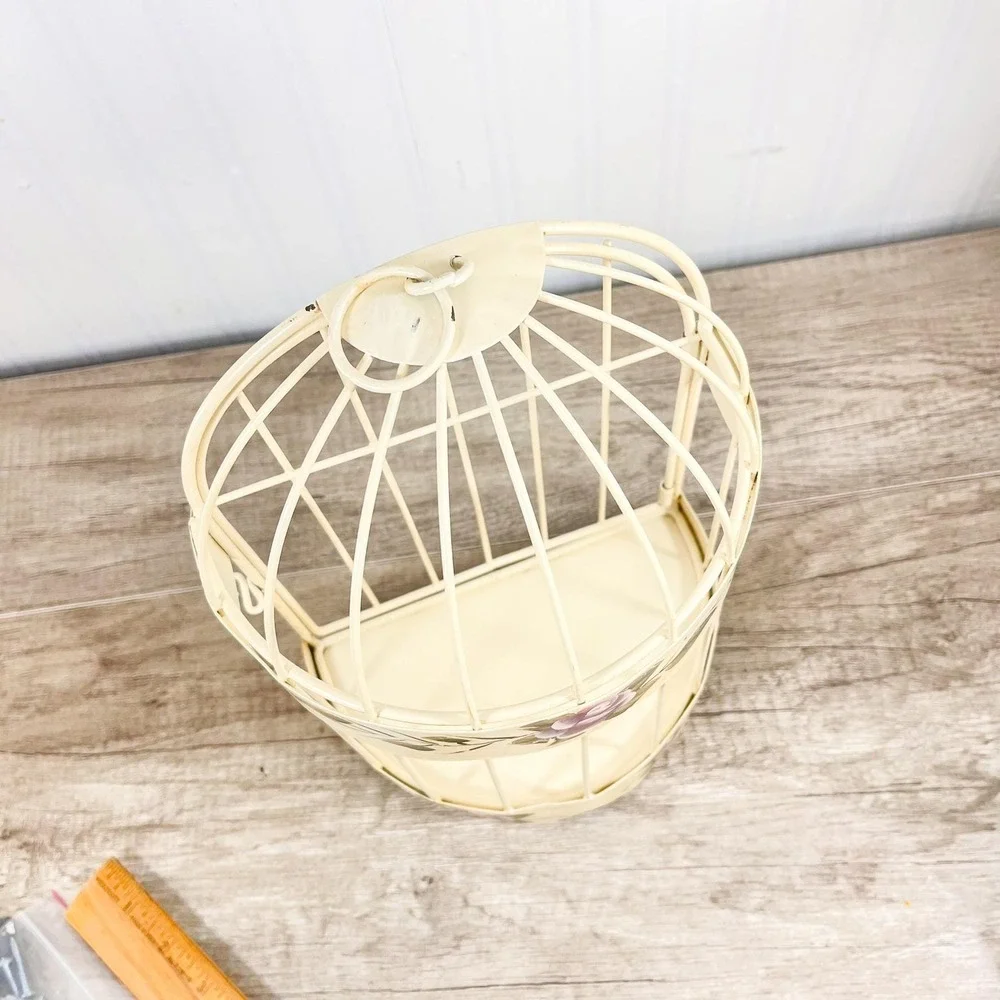 Vintage Hanging Birdcage with Purple Flowers, Cream Wall Decor
